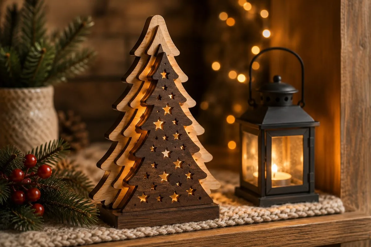 layered wood Christmas tree with star cutouts glowing on a rustic shelf next to a lantern