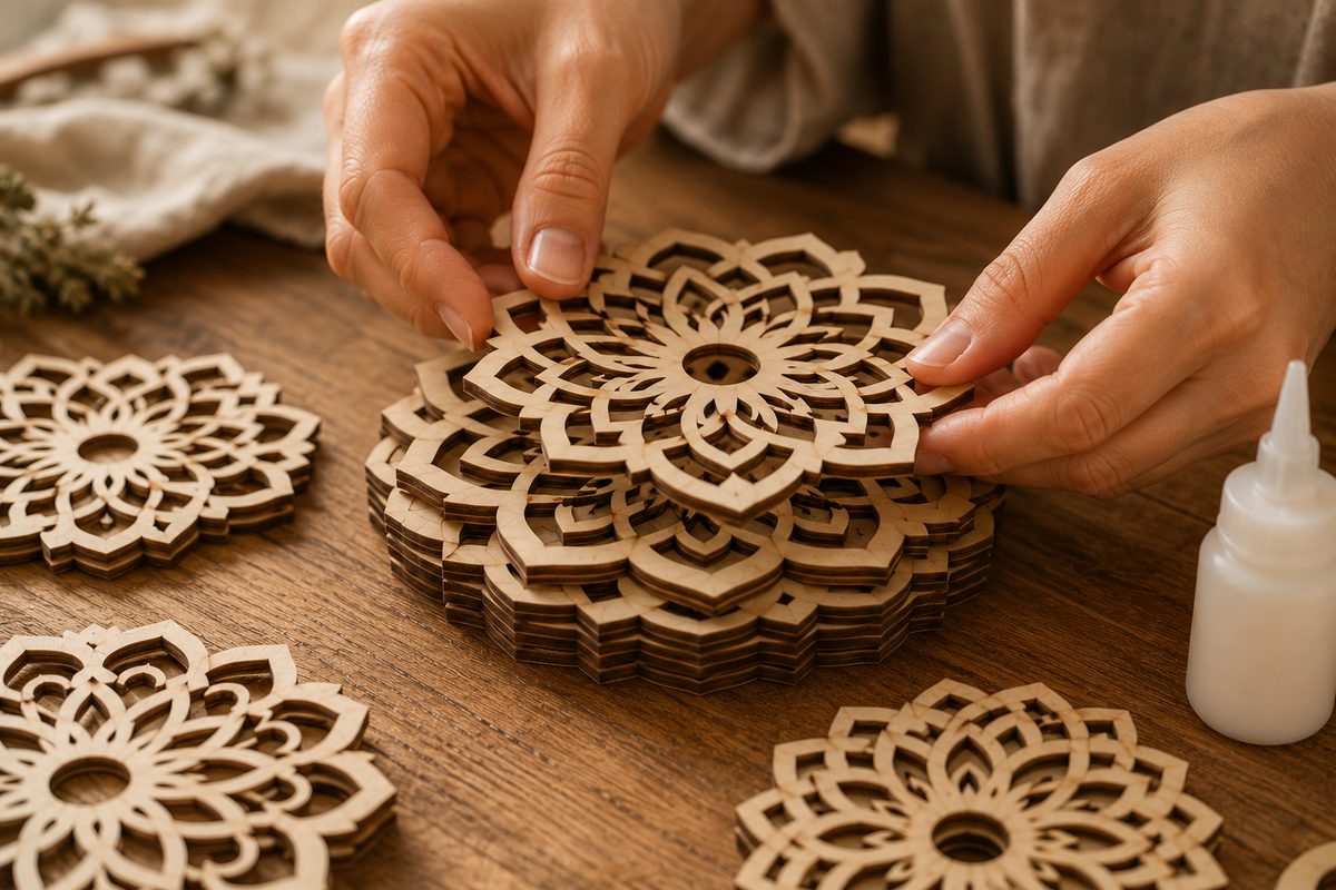 hands stacking and gluing the layers of a wood mandala on a workbench