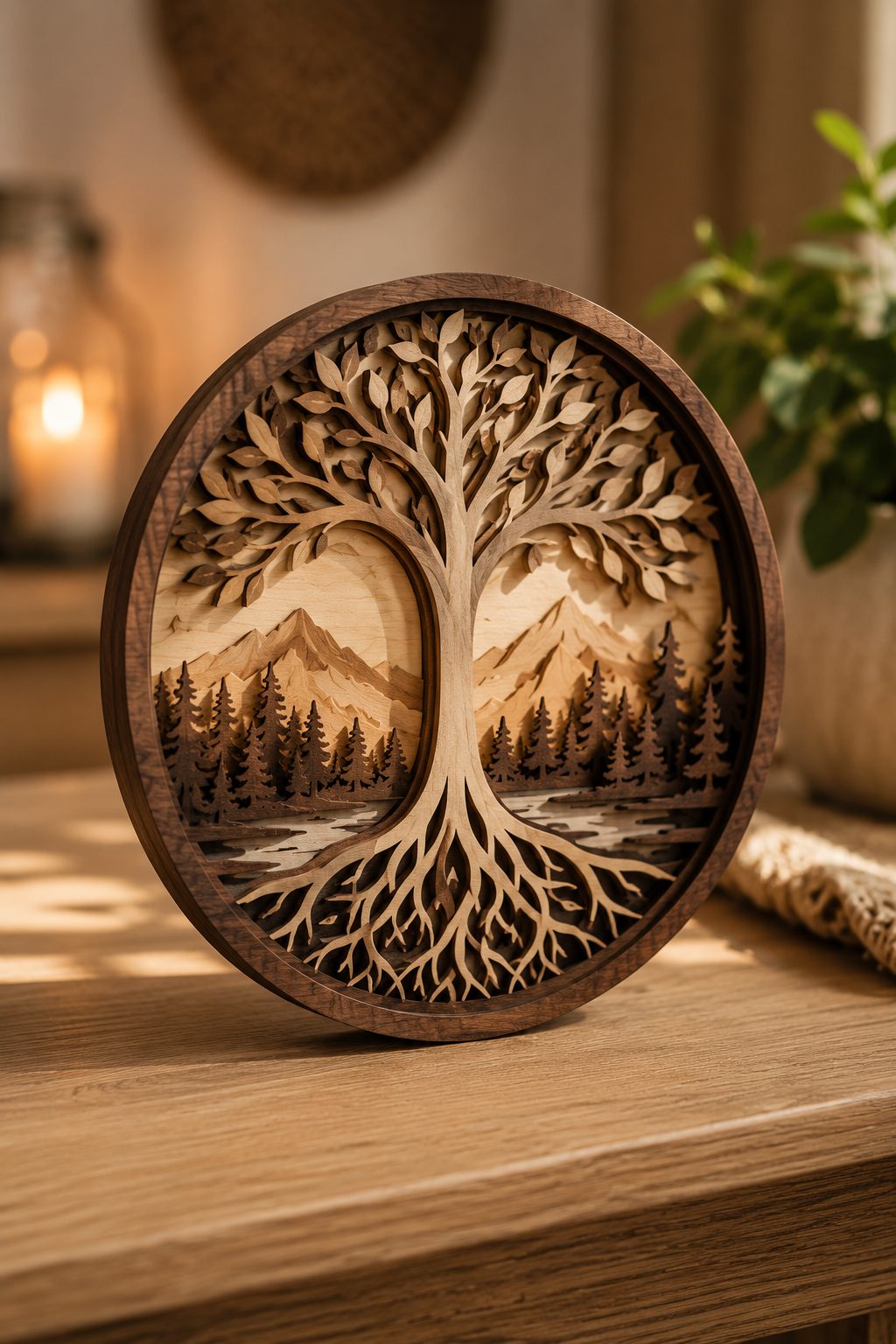 vertical layered wood tree of life with intricate branches on a warm wall
