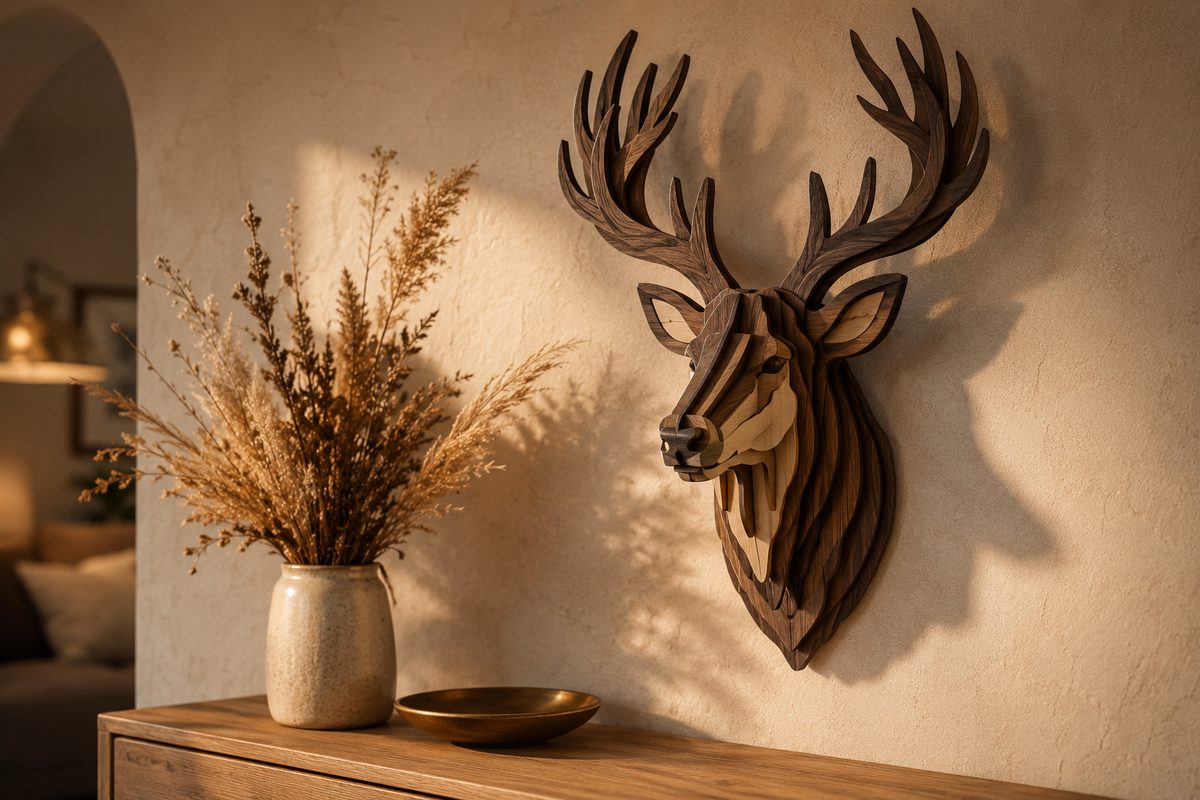 layered wood stag head wall art with stepped antlers on a dark accent wall