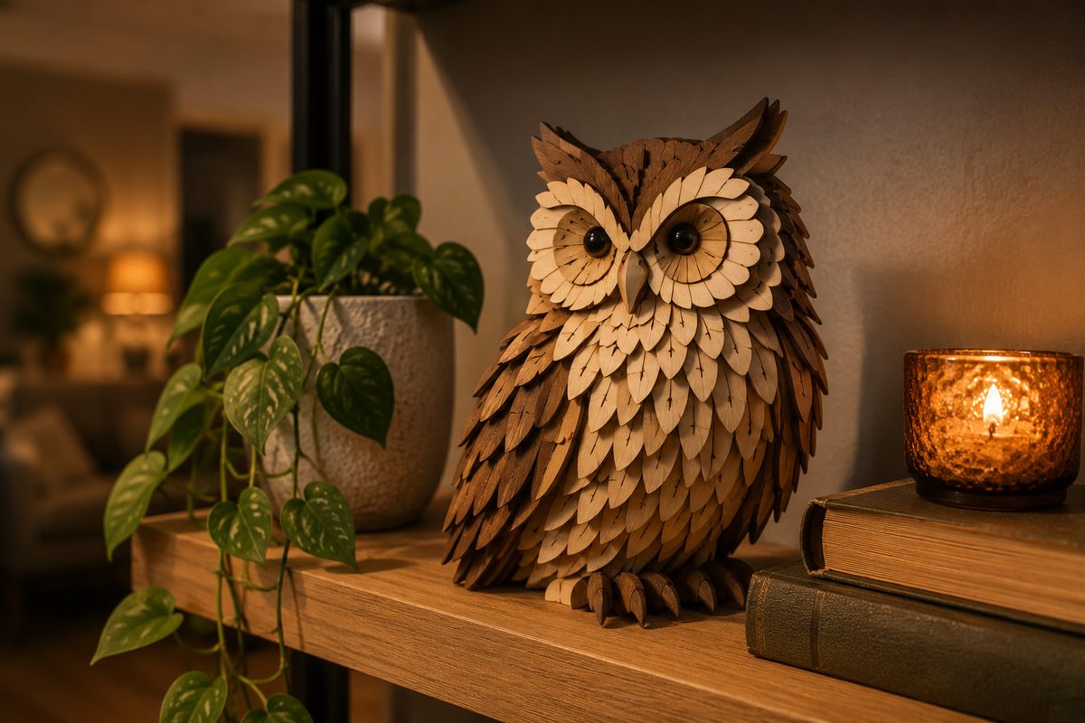 layered wood owl with feathered layers sitting on a shelf in a child's room