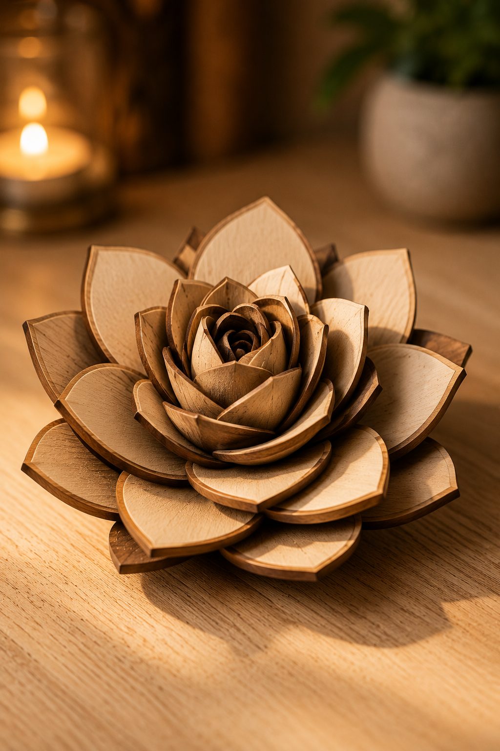 warm-toned layered lotus flower design glowing softly on a wooden surface