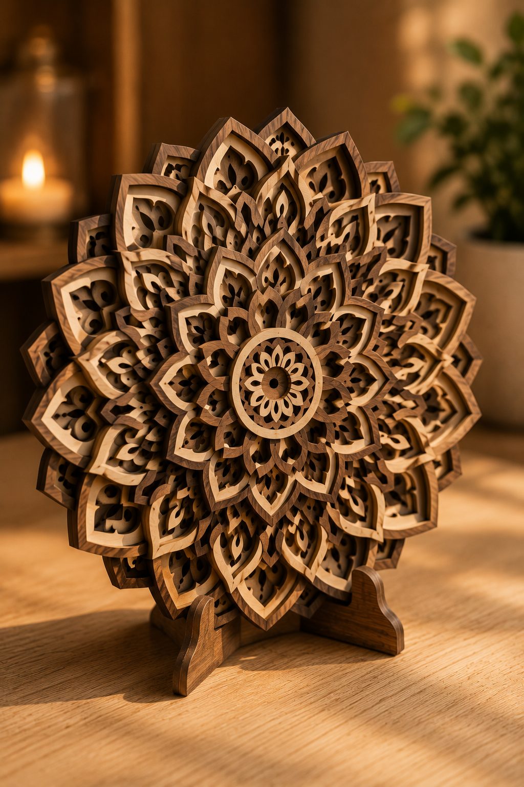 standing layered wood mandala on a small base beside a candle on a rustic table