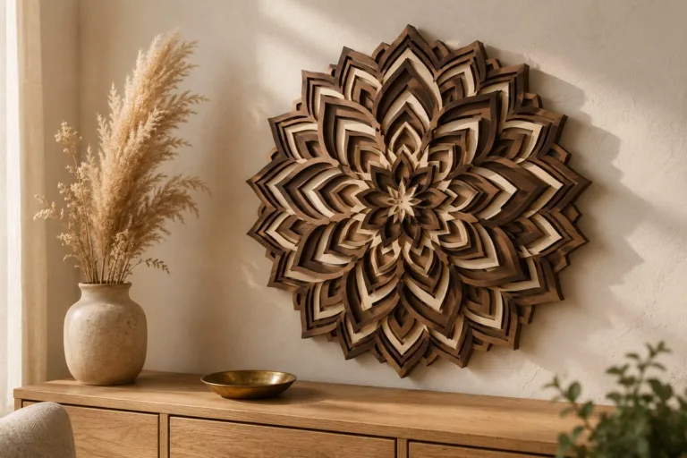 layered wood mandala wall art casting soft shadows on a warm plaster wall