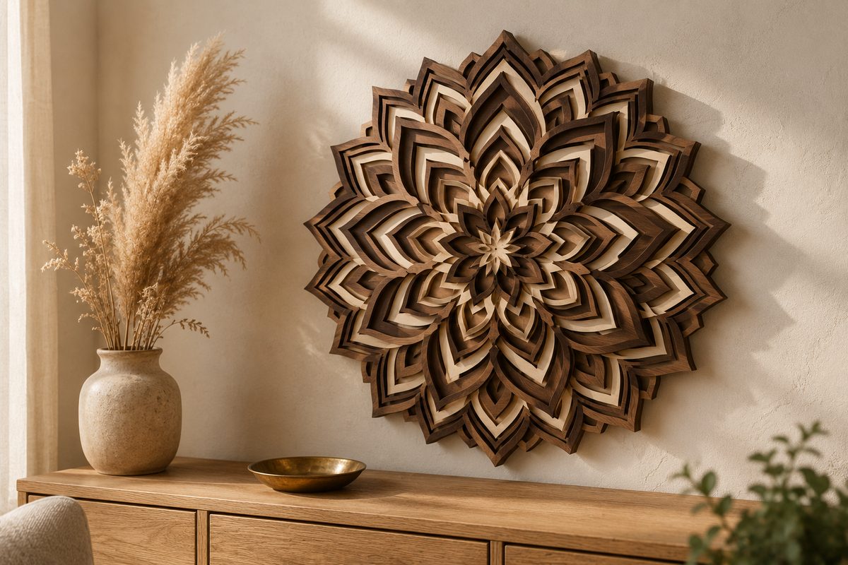 layered wood mandala wall art casting soft shadows on a warm plaster wall