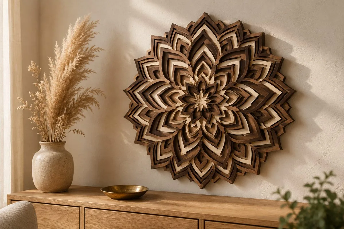 layered wood mandala wall art casting soft shadows on a warm plaster wall