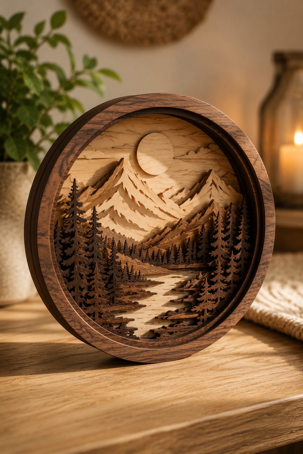 layered wood mountain range scene inside a round frame with a soft sunrise behind