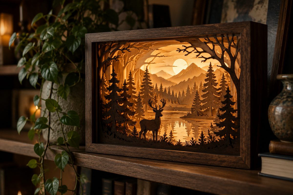 backlit layered wood forest shadow box with a deer silhouette glowing warm at night