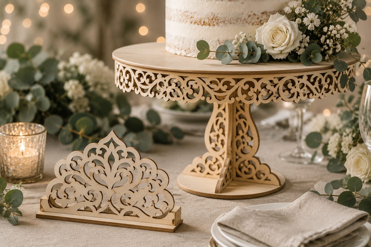 A light birch laser cut filigree cake stand and a lacy place-card holder on a linen wedding table with eucalyptus and white roses