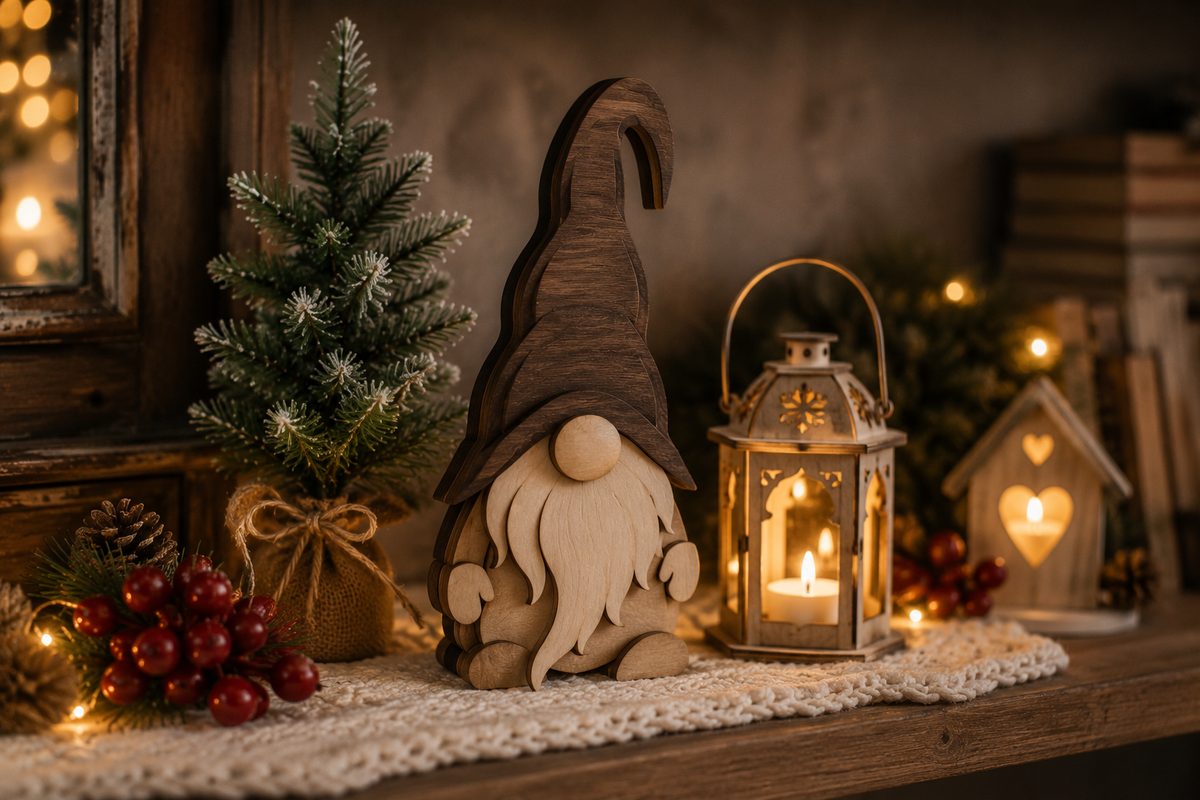 cozy Christmas mantel with a layered wood gnome, a frosted mini tree, a lit lantern and red berries