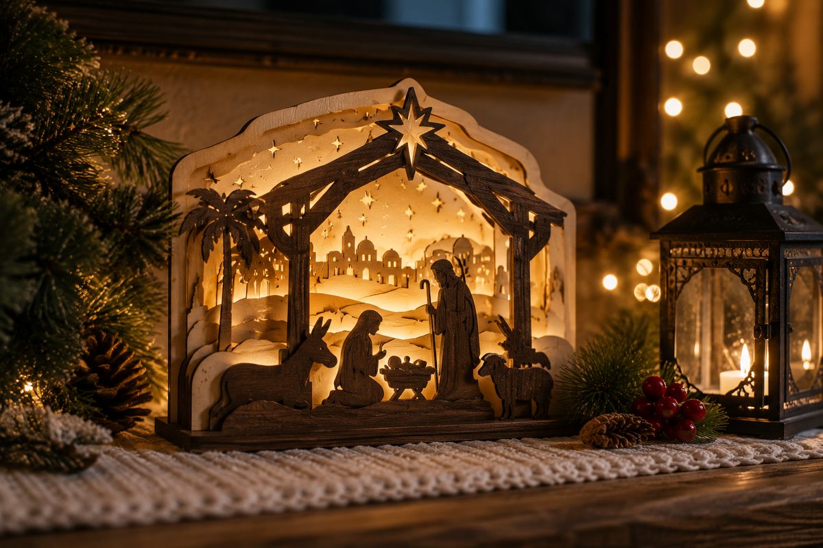 backlit layered wood nativity scene with a glowing Bethlehem star, framed by pine and a lantern