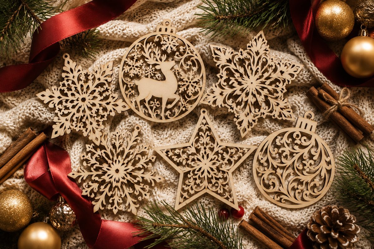 five laser cut wood Christmas ornaments — snowflakes, a reindeer bauble and a star — on a knit blanket with ribbon and cinnamon