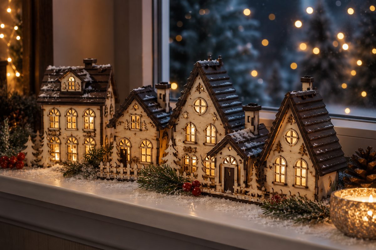 row of illuminated laser cut wood Christmas houses on a snowy windowsill at night