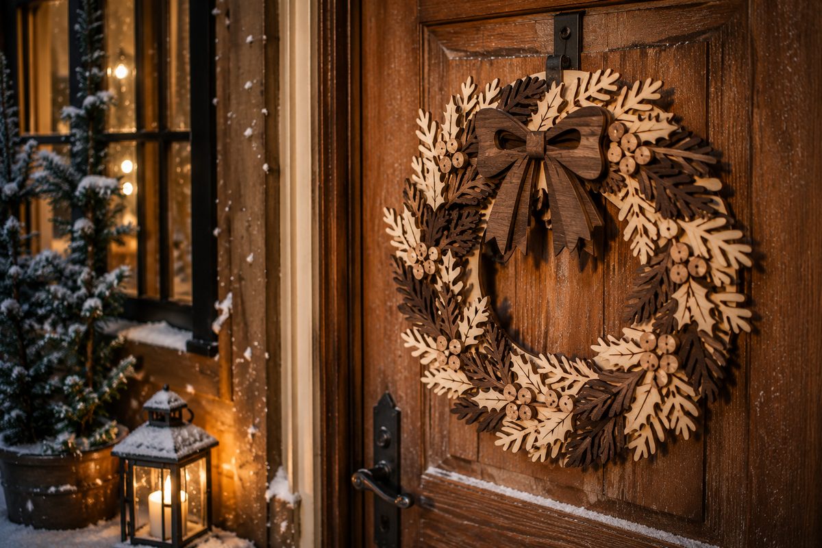 layered wood Christmas wreath with a wooden bow on a rustic front door beside a lit lantern in the snow