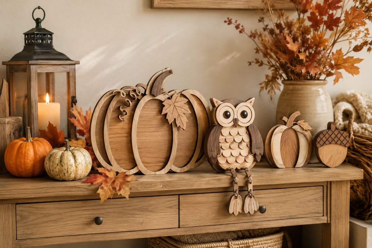 Layered wooden pumpkin, owl and acorn on a console table with autumn leaves