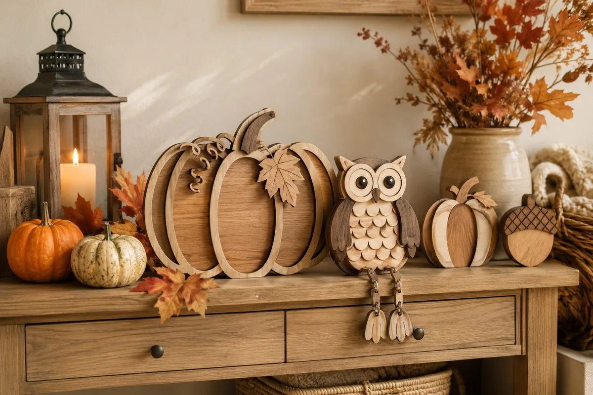 cozy autumn console table with a layered wood pumpkin sign, an owl shelf sitter, mini wooden pumpkins and a lit lantern