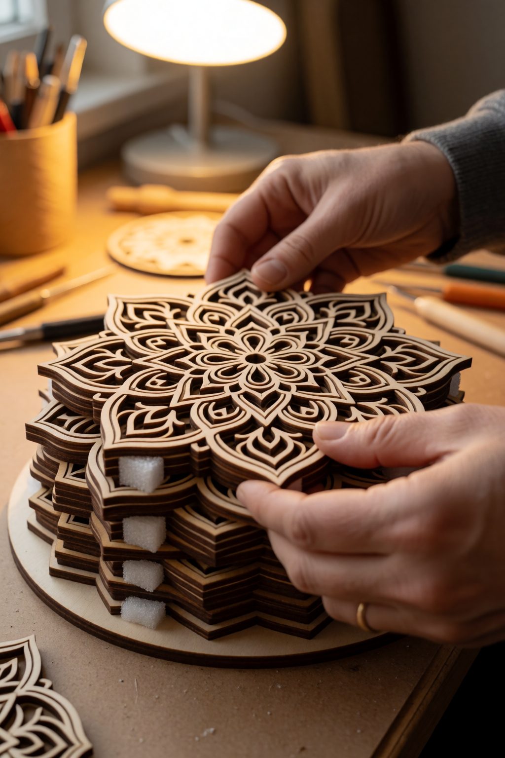 hands assembling a layered wood mandala with foam spacers between layers