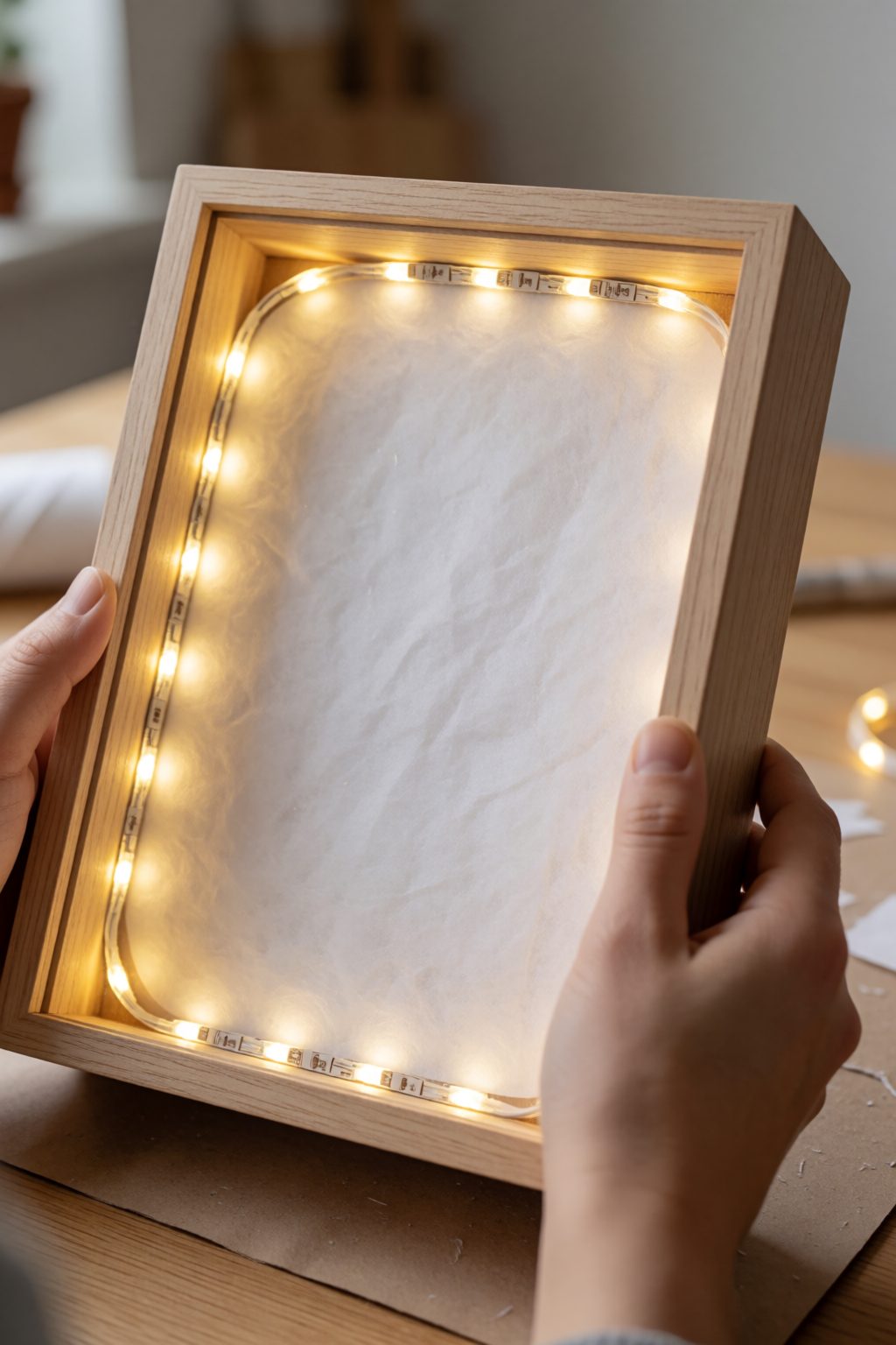 placing a warm white led strip inside a lighted shadow box frame