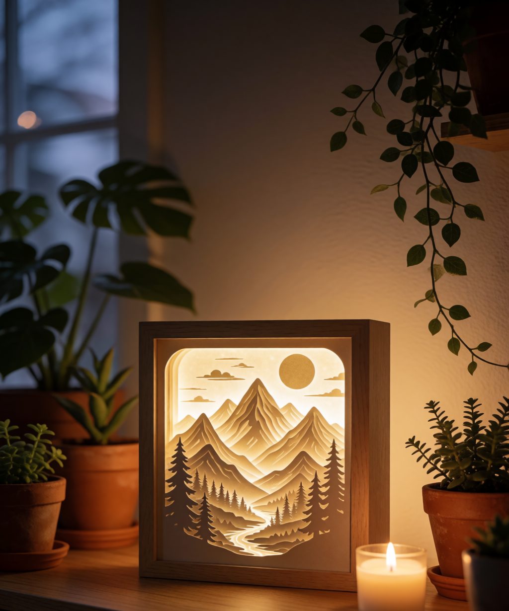 glowing lighted shadow box on a shelf in a cozy evening interior