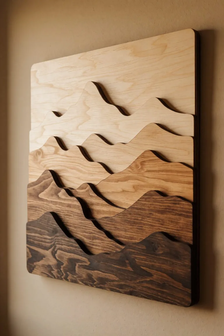 layered wood landscape wall art with mountains in progressive depth