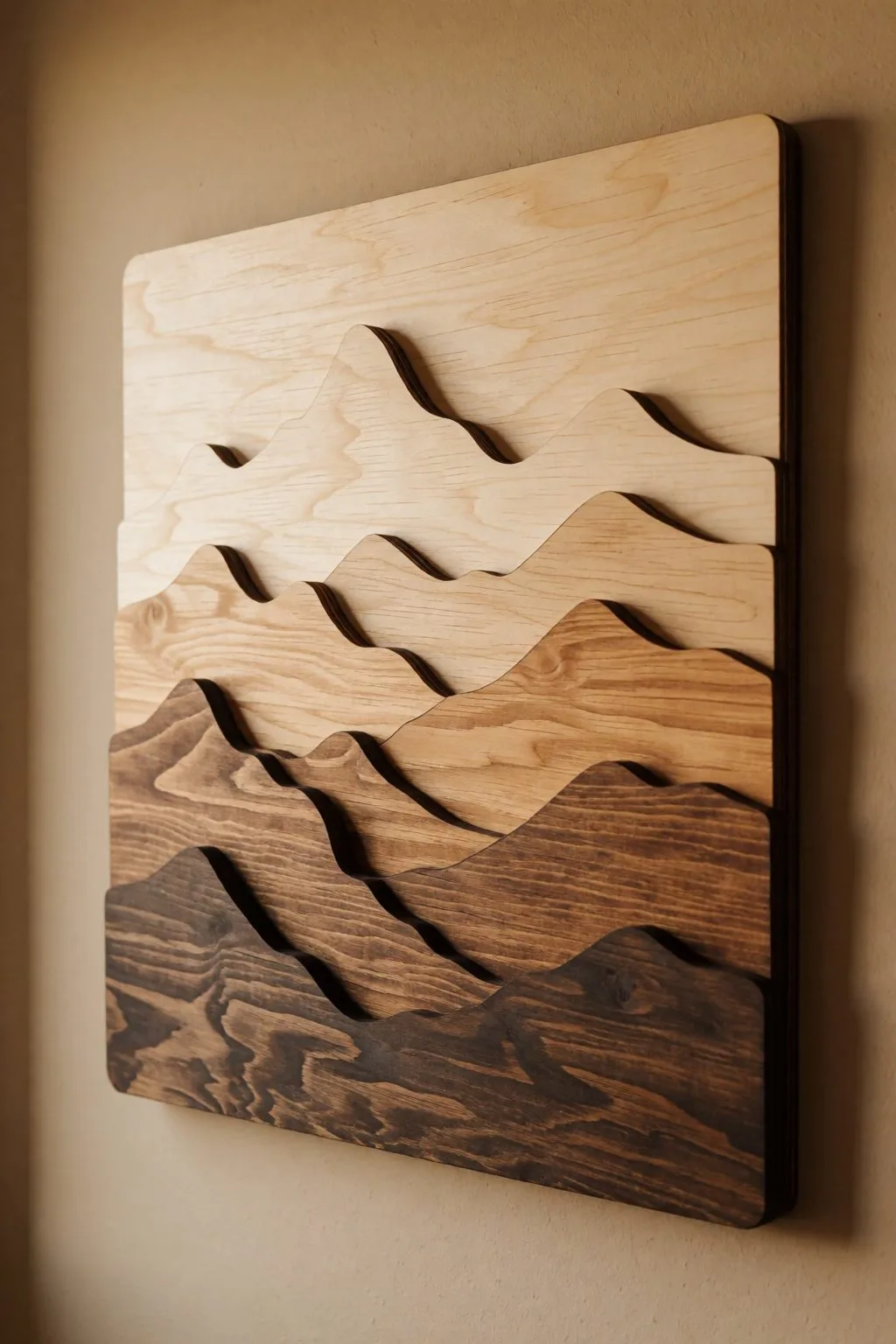 layered wood landscape wall art with mountains in progressive depth