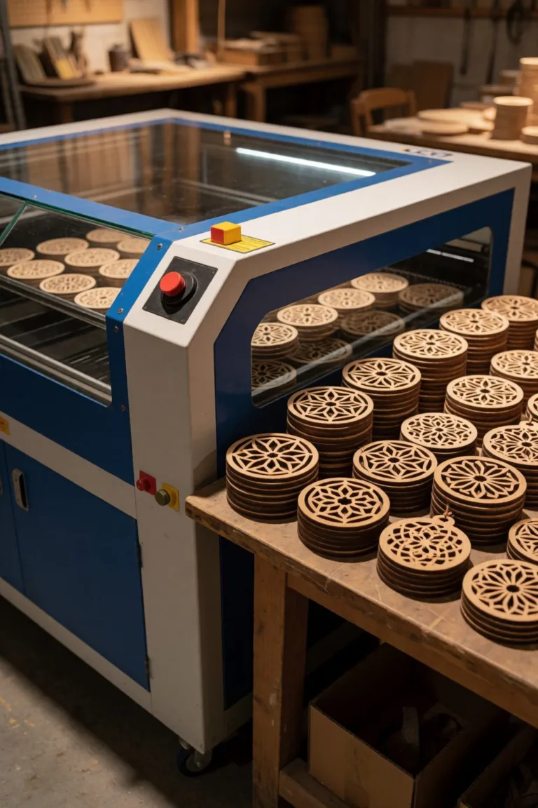 enclosed desktop co2 laser cutter with finished wooden products in a workshop