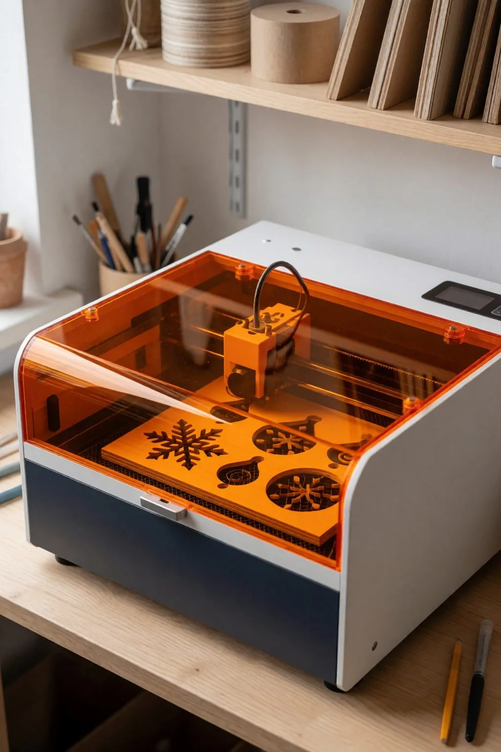 enclosed diode laser cutter with orange lid cutting plywood ornaments