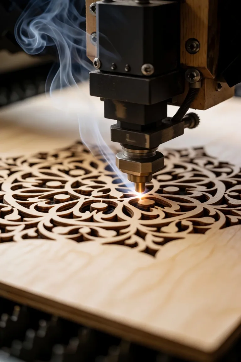 laser cutter cutting an intricate pattern into plywood sheet