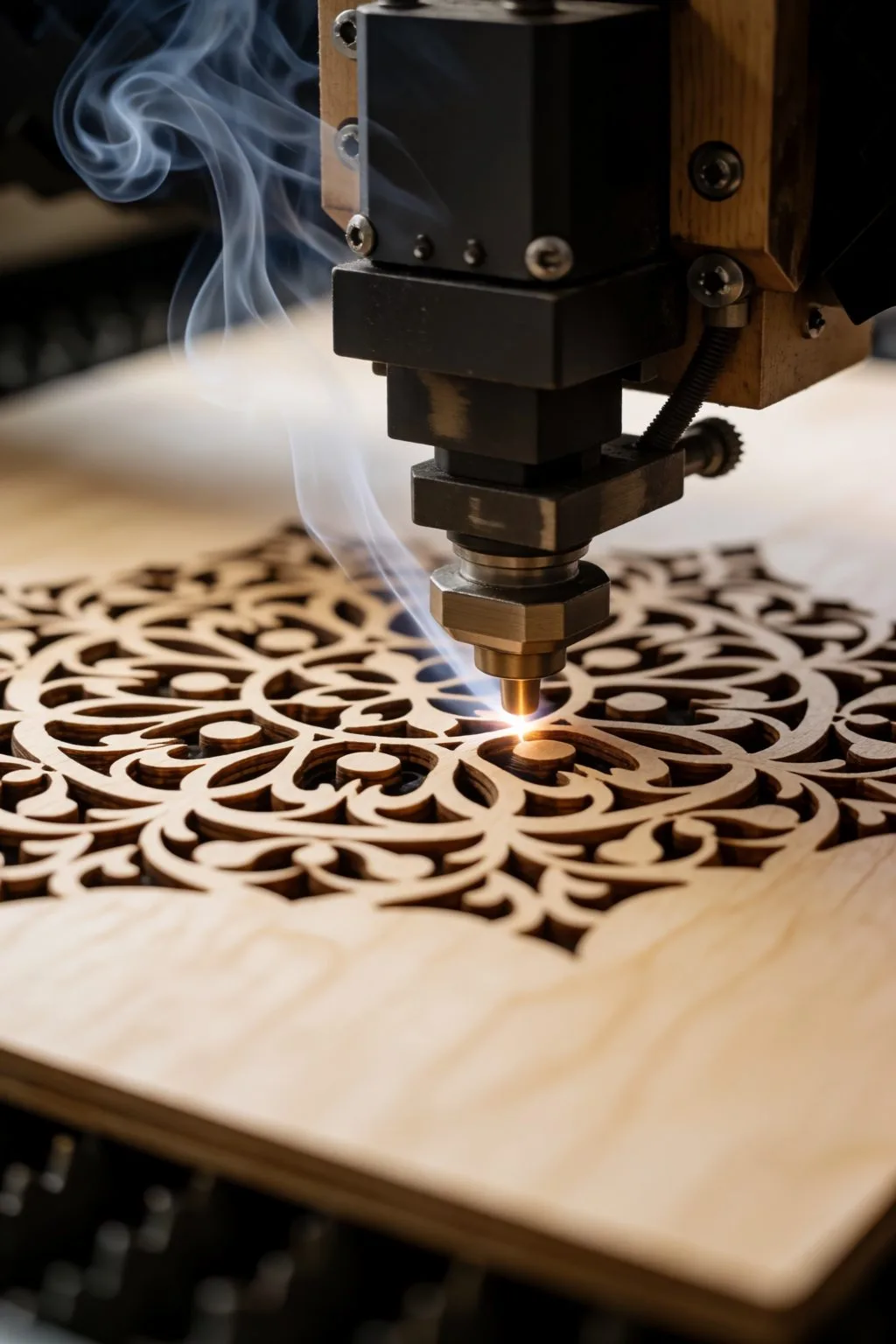 laser cutter cutting an intricate pattern into plywood sheet