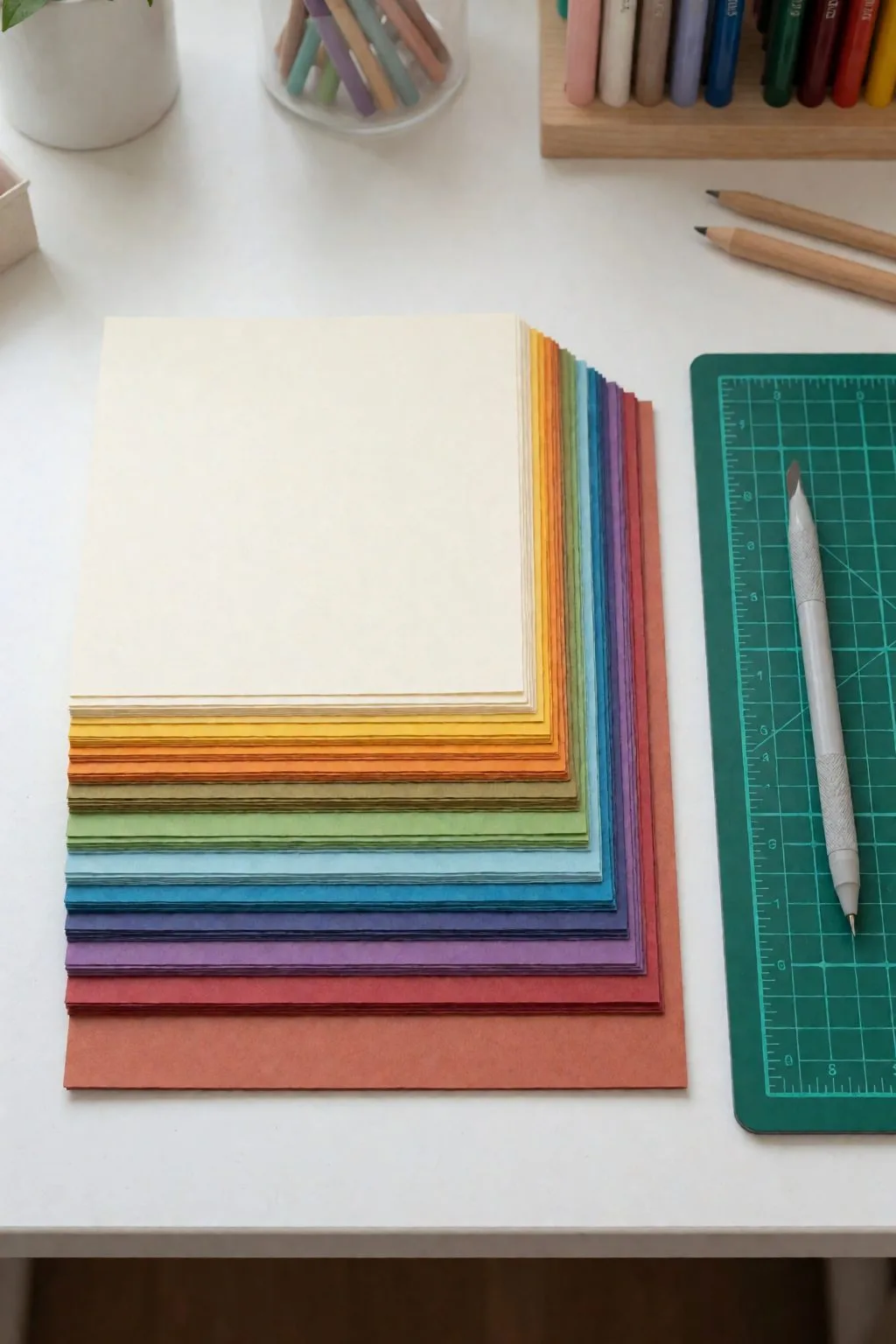 gradient stack of colored cardstock sheets with cutting mat and fine blade