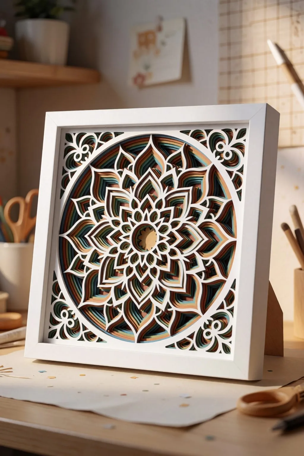 finished layered paper art piece in deep white frame on desk with crafting tools