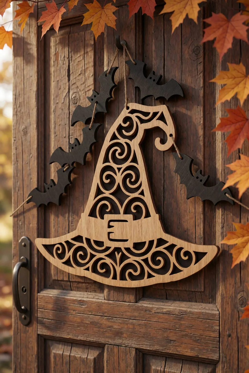 laser cut halloween door hanger and bat garland on rustic door
