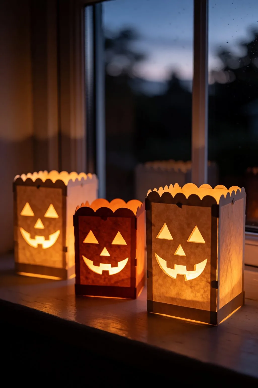 glowing paper pumpkin luminaries with cut out faces on a windowsill