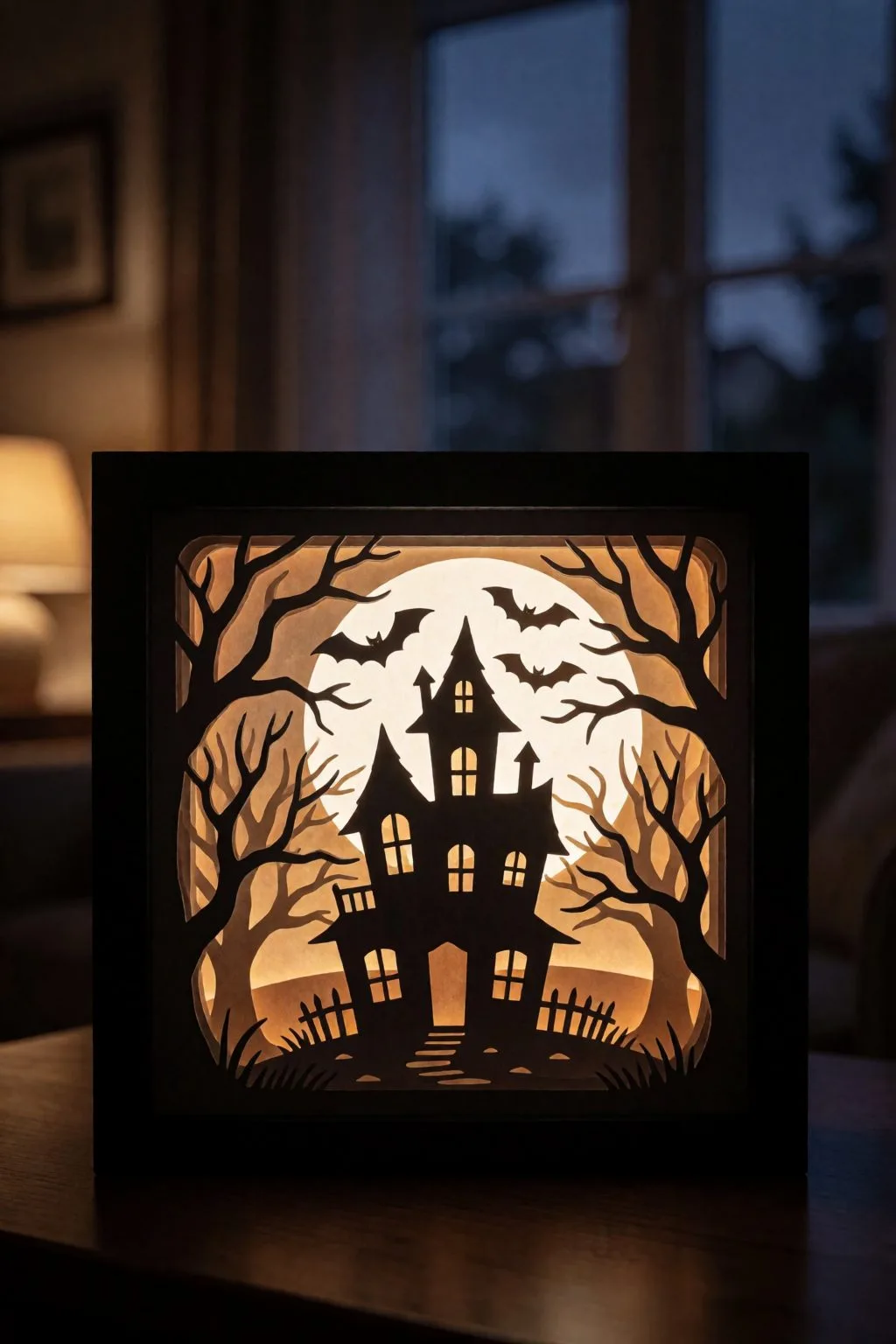 halloween lighted shadow box with haunted house silhouette scene
