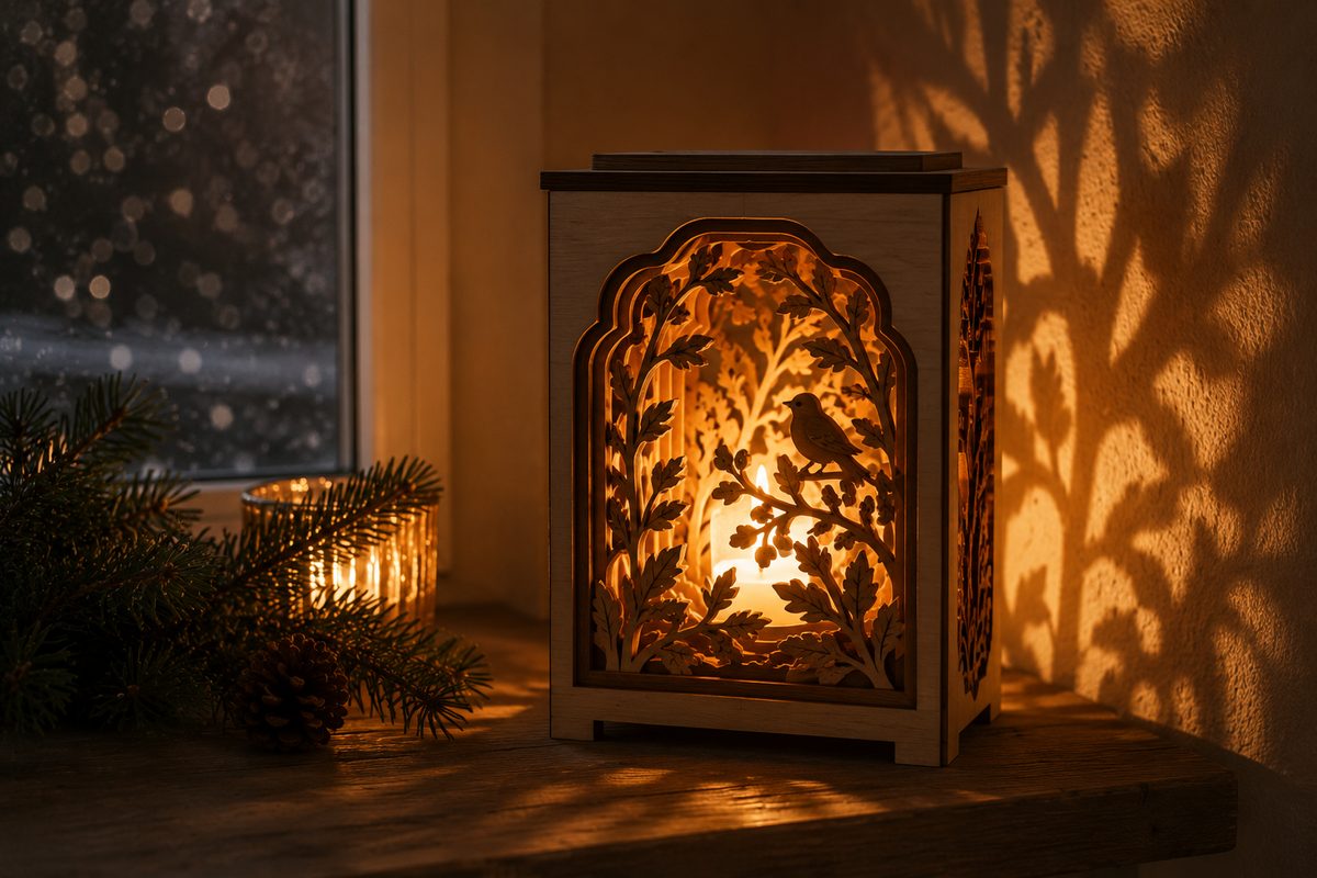 close-up of a layered wood luminary lit at night on a windowsill, warm light spilling through stacked cut layers and casting soft leaf shadows on the wall