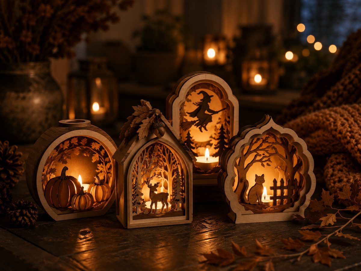a group of glowing layered wood shadow-box luminaries on a dark table, each with a lit scene inside — pumpkins, a deer, a witch and a cat