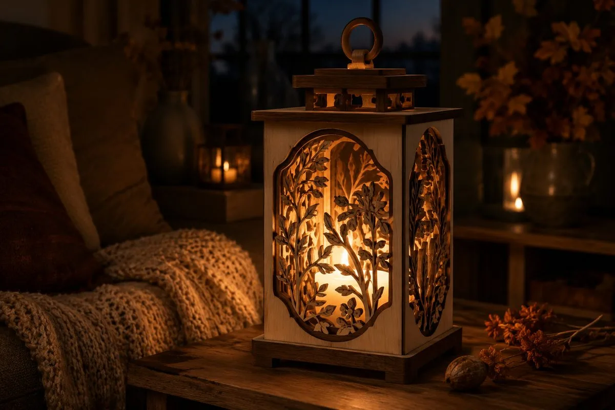 a layered wooden botanical luminary lantern glowing warmly on a wood side table in a cozy dim room
