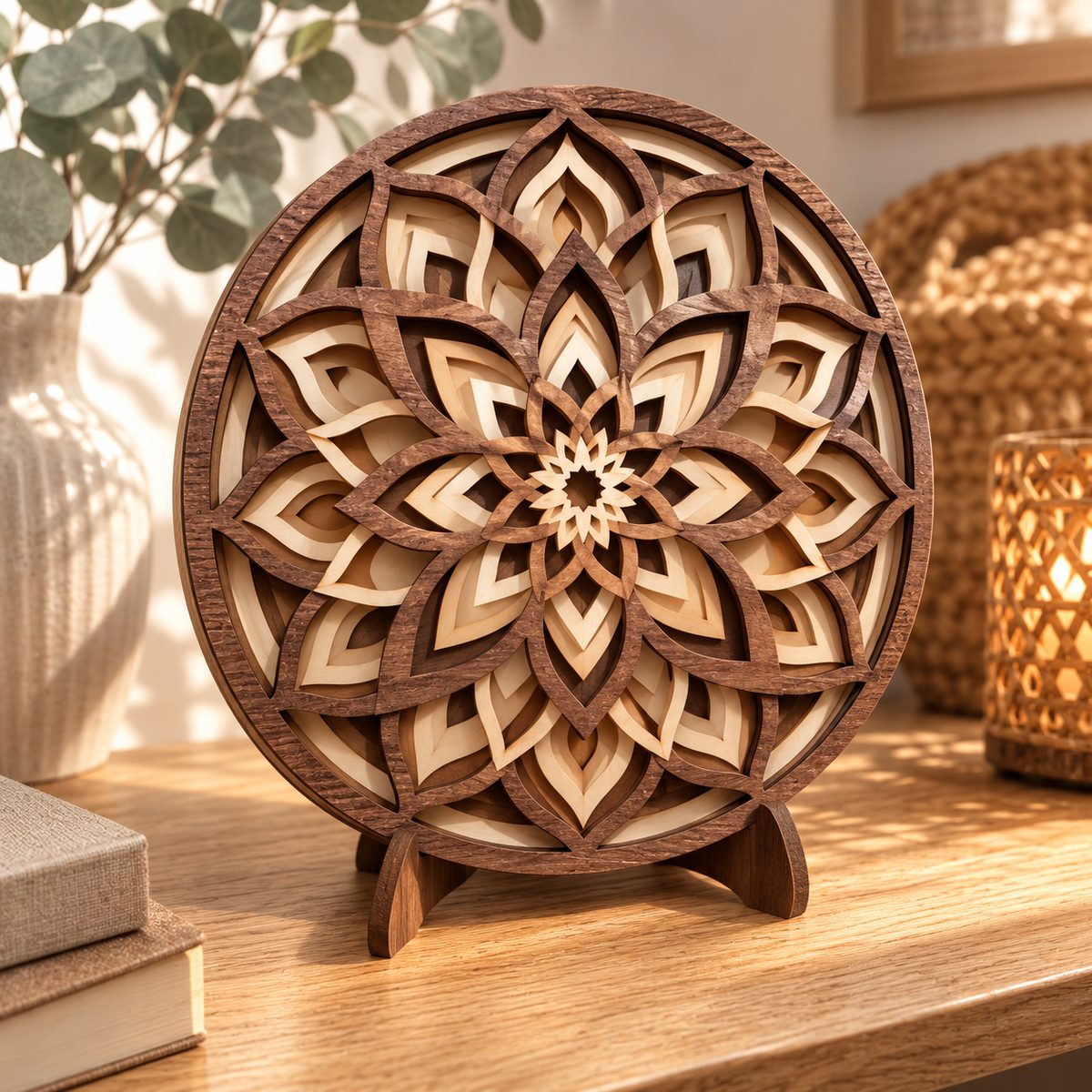 A 3D layered mandala made of stacked flat plywood sheets showing real depth, on a light wood surface
