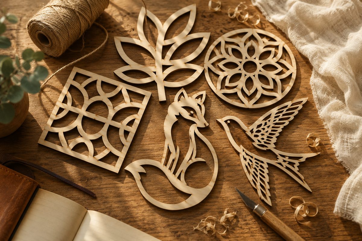 A tidy arrangement of assorted laser-cut plywood pattern pieces fanned out on a neutral surface