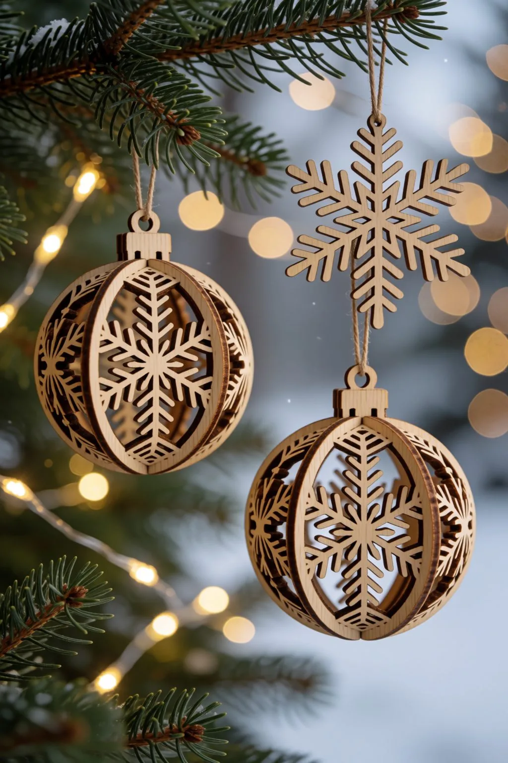 laser cut wooden christmas ornaments hanging on a fir branch