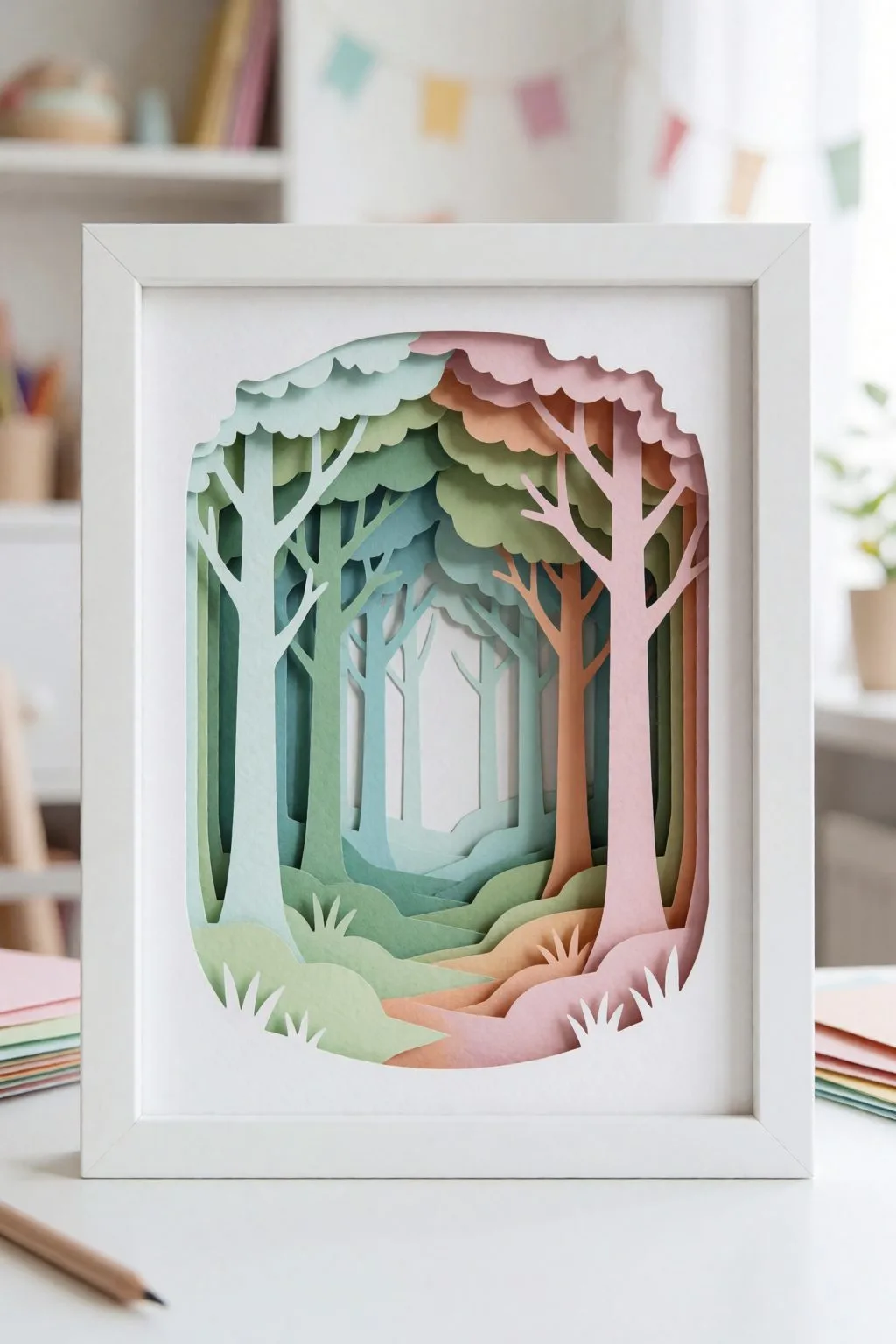 3d layered paper art forest scene in a white frame