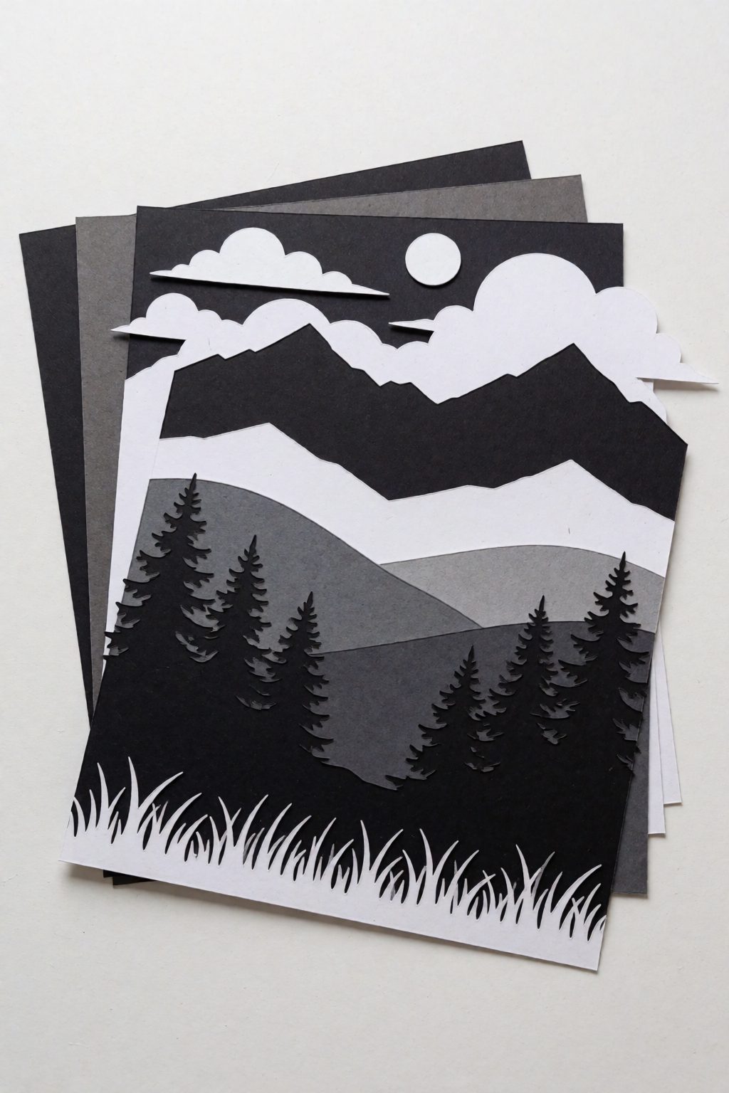 five flat die-cut cardstock layers of one scene fanned out: grass, trees, hills, mountains, sky