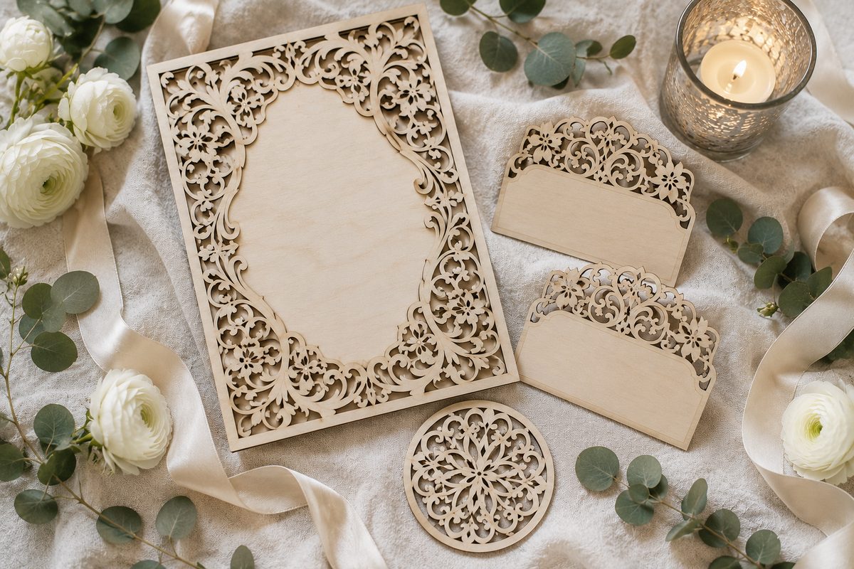 Flat lay of laser cut wedding stationery: a lacy invitation, place cards and a monogram, on soft linen with eucalyptus
