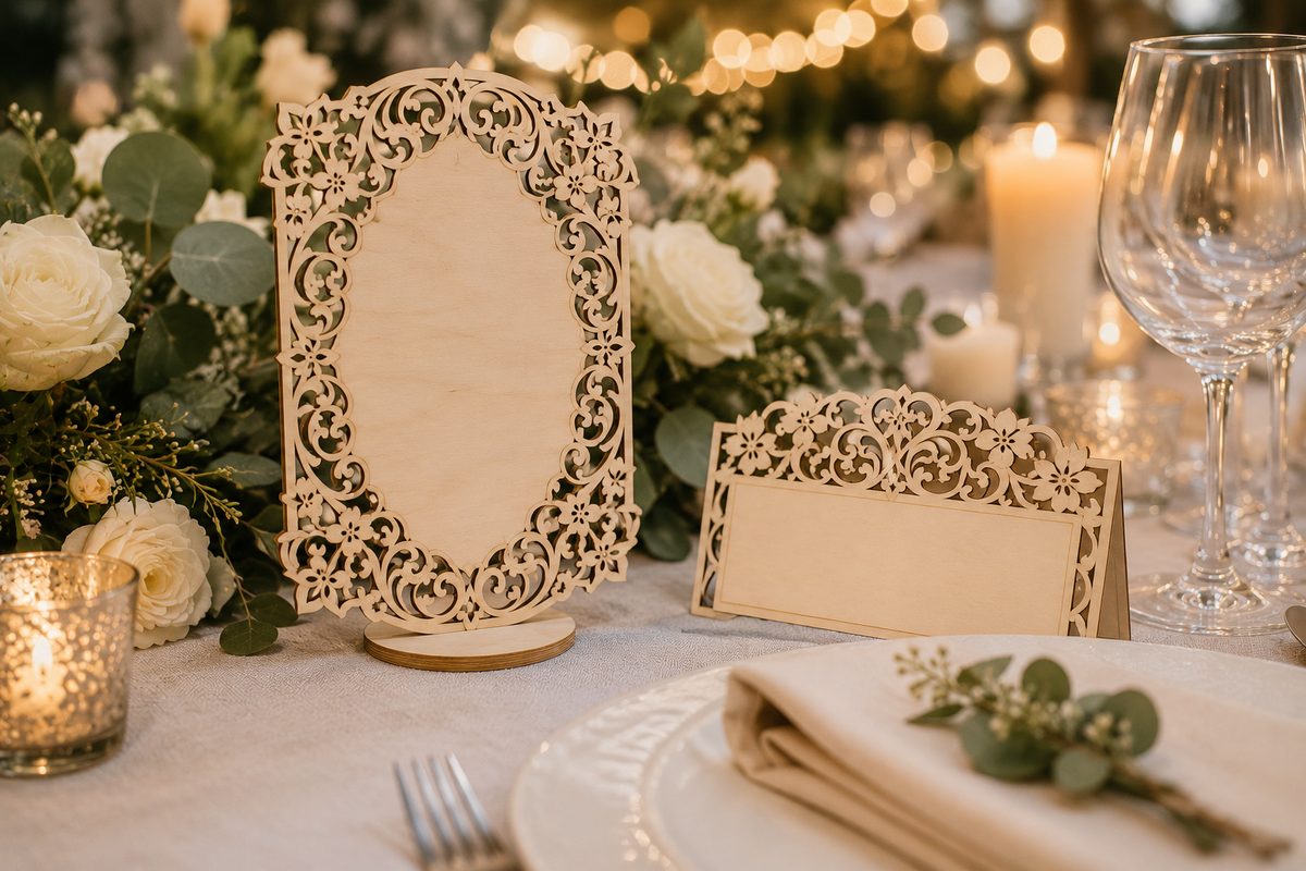 Elegant wedding table detail with a laser cut wood table number holder and place card among candles and white flowers