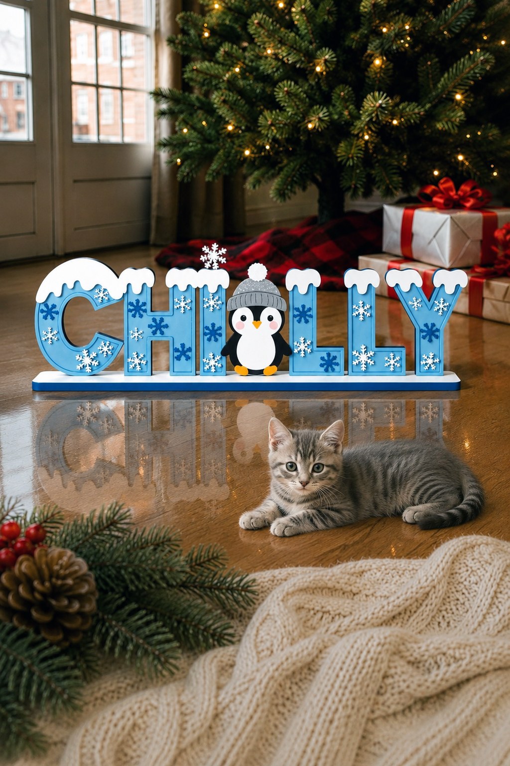 A layered wooden CHILLY tabletop sign with a penguin standing in for one letter, on the floor by a Christmas tree with a kitten lying beside it, free laser cut SVG from svgdiy.com