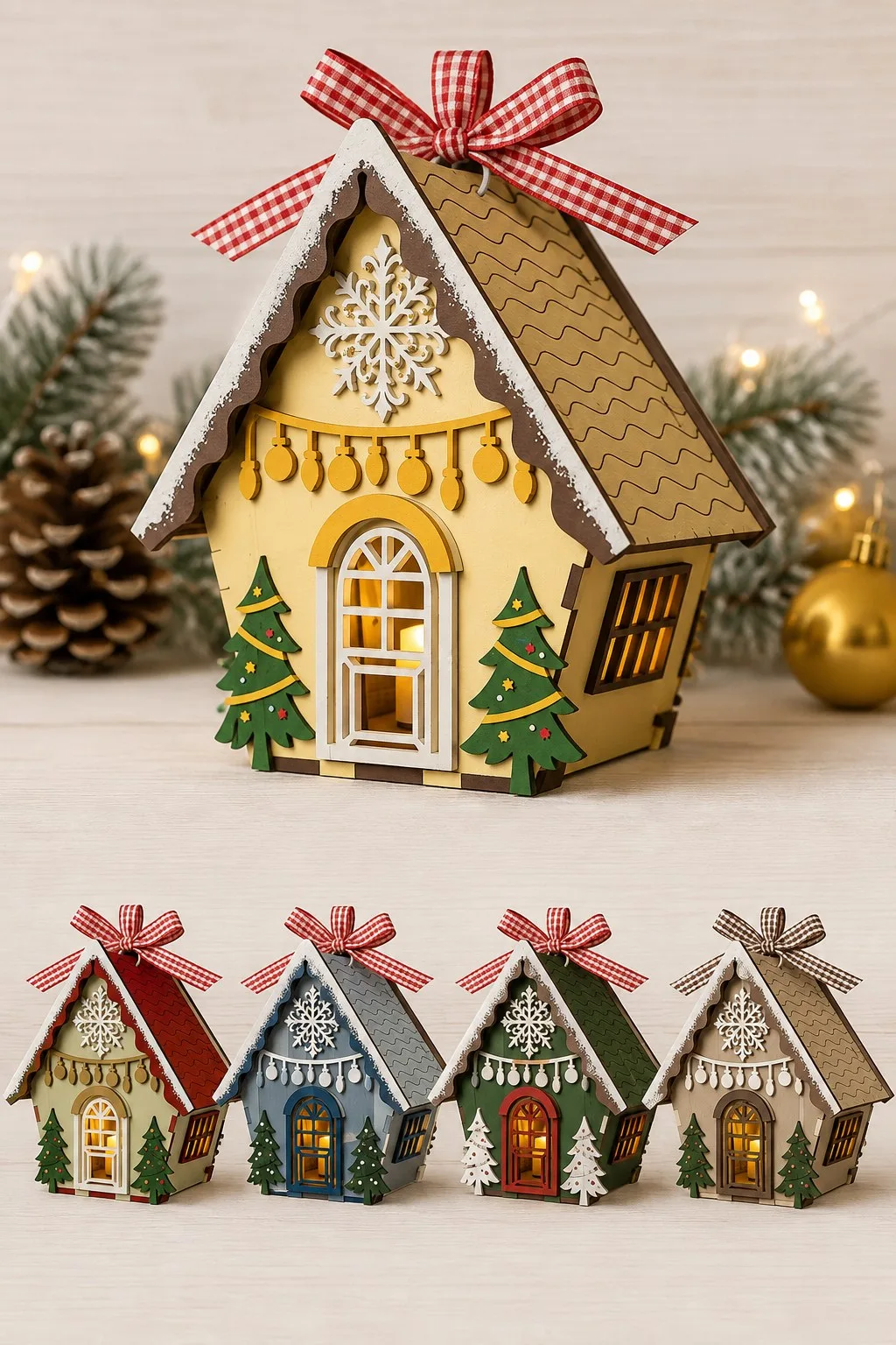 A wooden Christmas house ornament with a gabled roof, lit windows and a red checked bow on top, free laser cut SVG from svgdiy.com