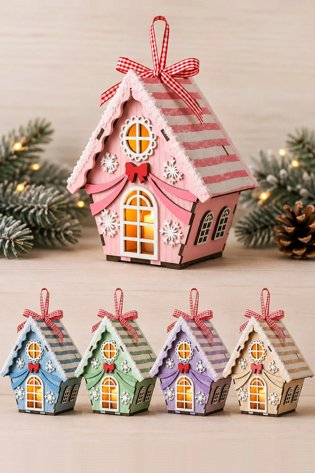 A pink wooden Christmas house ornament with a striped snowy roof and glowing round window, free laser cut SVG from svgdiy.com