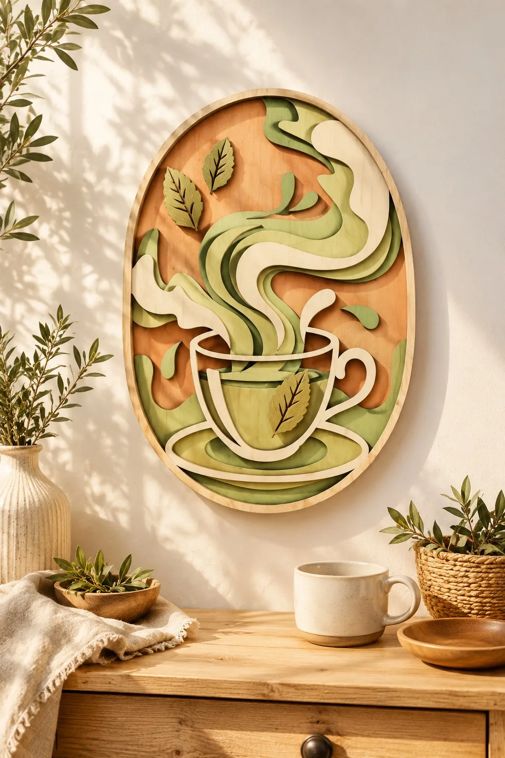 A layered wooden green tea cup wall panel with curling steam and leaves, over a kitchen table, free laser cut SVG from svgdiy.com