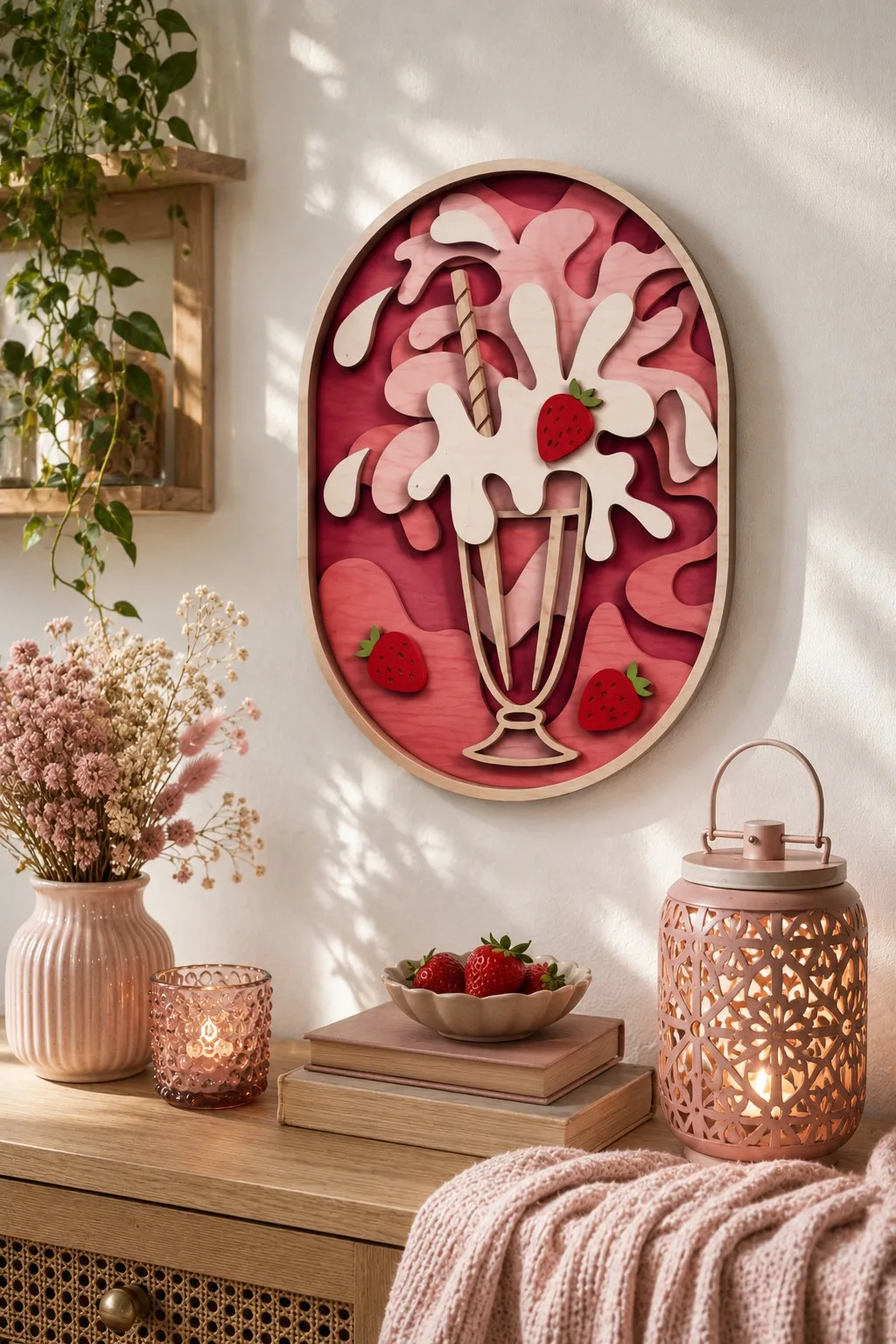 A layered wooden milkshake wall panel with a striped straw, splash and strawberries, free laser cut SVG from svgdiy.com