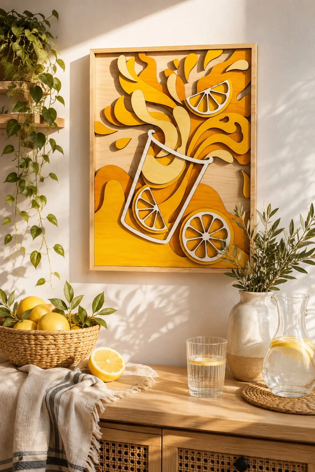 A layered wooden lemonade wall panel with lemon wheels and a splash, over a sideboard with lemons, free laser cut SVG from svgdiy.com